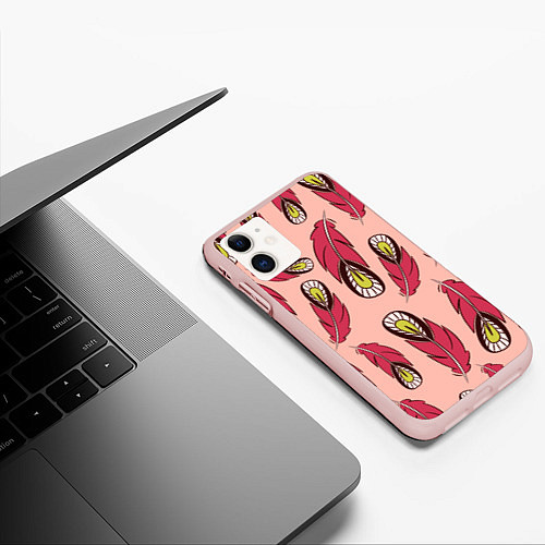 Чехол iPhone 11 матовый Красные перья / 3D-Светло-розовый – фото 3