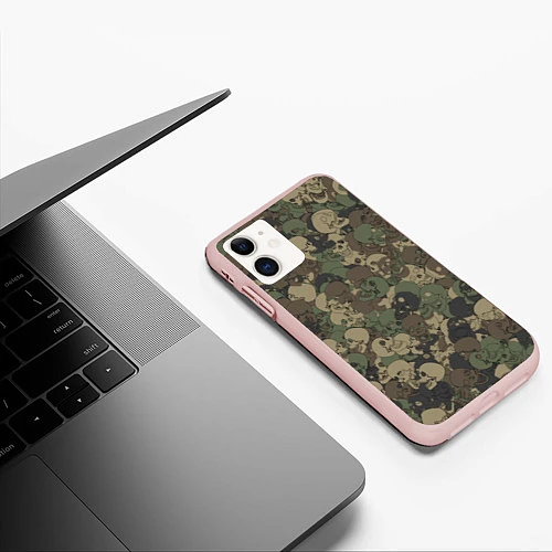 Чехол iPhone 11 матовый Камуфляж с черепами / 3D-Светло-розовый – фото 3