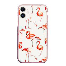 Чехол iPhone 11 матовый Оранжевые фламинго, цвет: 3D-светло-розовый