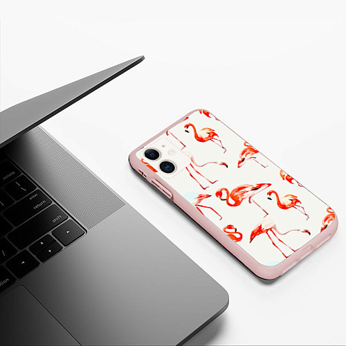 Чехол iPhone 11 матовый Оранжевые фламинго / 3D-Светло-розовый – фото 3