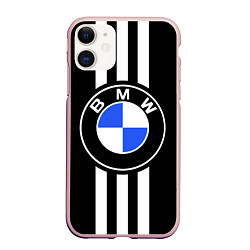 Чехол iPhone 11 матовый BMW: White Strips, цвет: 3D-светло-розовый