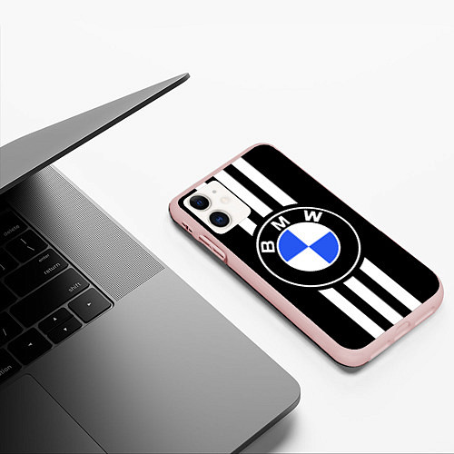 Чехол iPhone 11 матовый BMW: White Strips / 3D-Светло-розовый – фото 3