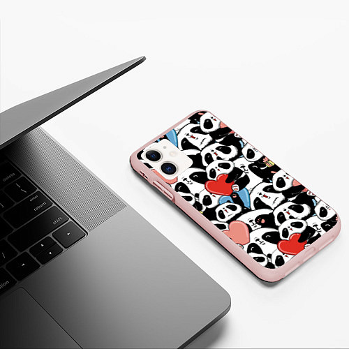 Чехол iPhone 11 матовый Милые панды / 3D-Светло-розовый – фото 3
