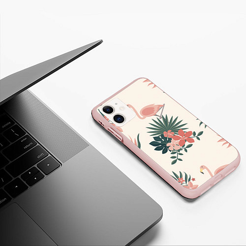 Чехол iPhone 11 матовый Розовый фламинго и цветы / 3D-Светло-розовый – фото 3