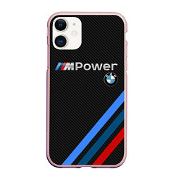 Чехол iPhone 11 матовый BMW POWER CARBON, цвет: 3D-светло-розовый