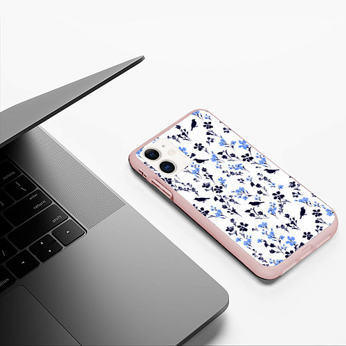 Чехол iPhone 11 матовый Цветы и птицы / 3D-Светло-розовый – фото 3