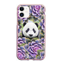 Чехол iPhone 11 матовый Панда среди цветов, цвет: 3D-светло-розовый