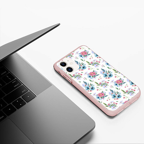 Чехол iPhone 11 матовый Весенние акварельные цветы / 3D-Светло-розовый – фото 3