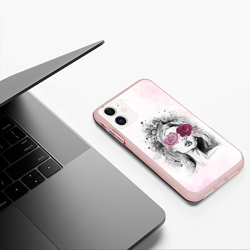 Чехол iPhone 11 матовый Девушка цветы акварель / 3D-Светло-розовый – фото 3
