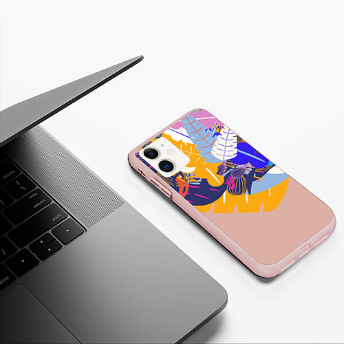 Чехол iPhone 11 матовый Узор из листьев и цветов / 3D-Светло-розовый – фото 3