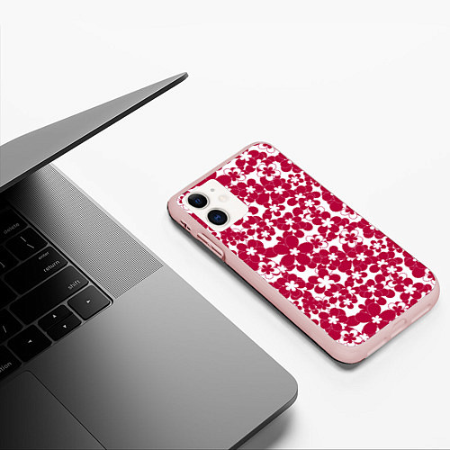 Чехол iPhone 11 матовый Бело-красный цветочный / 3D-Светло-розовый – фото 3