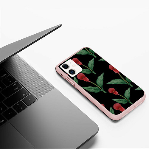Чехол iPhone 11 матовый Красные каллы на черном / 3D-Светло-розовый – фото 3