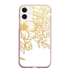 Чехол iPhone 11 матовый Золотые цветы на белом, цвет: 3D-светло-розовый