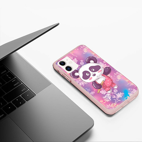 Чехол iPhone 11 матовый Милая панда детский / 3D-Светло-розовый – фото 3