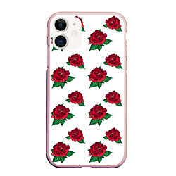 Чехол iPhone 11 матовый Цветы Красные Розы На Белом Фоне, цвет: 3D-светло-розовый