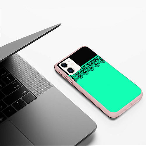 Чехол iPhone 11 матовый Черные кружева на ярком неоновом зеленом фоне lace / 3D-Светло-розовый – фото 3