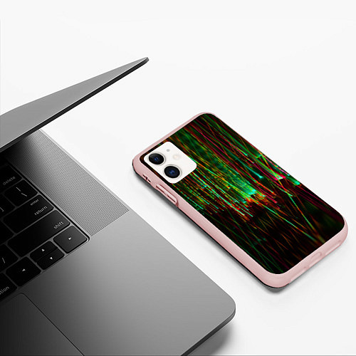 Чехол iPhone 11 матовый Абстрактное множество зелёных неоновых лучей / 3D-Светло-розовый – фото 3