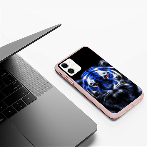 Чехол iPhone 11 матовый Синий неоновый тигр / 3D-Светло-розовый – фото 3