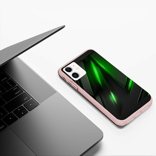 Чехол iPhone 11 матовый Черные пластины с зеленым свечением / 3D-Светло-розовый – фото 3