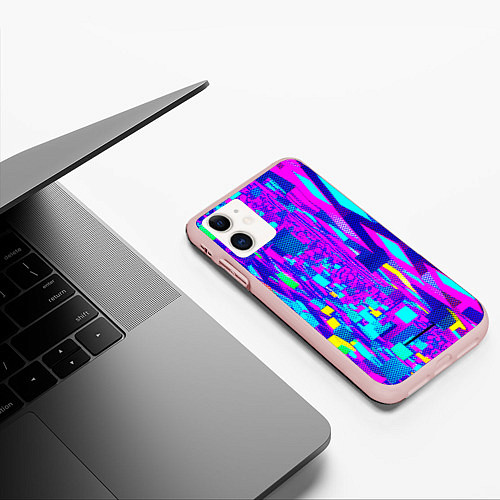 Чехол iPhone 11 матовый Неоновые розовые и голубые светящиеся кубики / 3D-Светло-розовый – фото 3