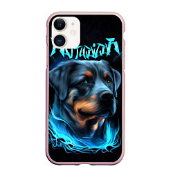 Чехол iPhone 11 матовый Rottweiler and lightnings, цвет: 3D-светло-розовый