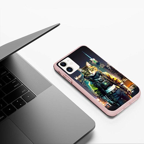 Чехол iPhone 11 матовый Cool cat in New York city at night / 3D-Светло-розовый – фото 3