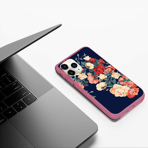 Чехол iPhone 11 Pro матовый Fashion flowers / 3D-Малиновый – фото 3