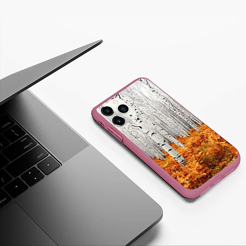 Чехол iPhone 11 Pro матовый Березовая роща / 3D-Малиновый – фото 3
