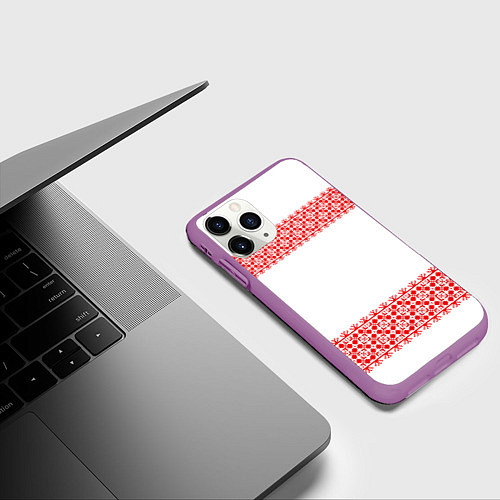 Чехол iPhone 11 Pro матовый Славянский орнамент (на белом) / 3D-Фиолетовый – фото 3