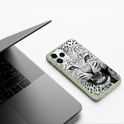 Чехол iPhone 11 Pro матовый Белый леопард / 3D-Салатовый – фото 3