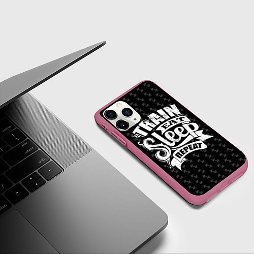 Чехол iPhone 11 Pro матовый Train Eat Sleep Repeat / 3D-Малиновый – фото 3