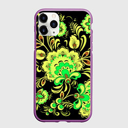 Чехол iPhone 11 Pro матовый Хохлома: черный и салатовый, цвет: 3D-фиолетовый