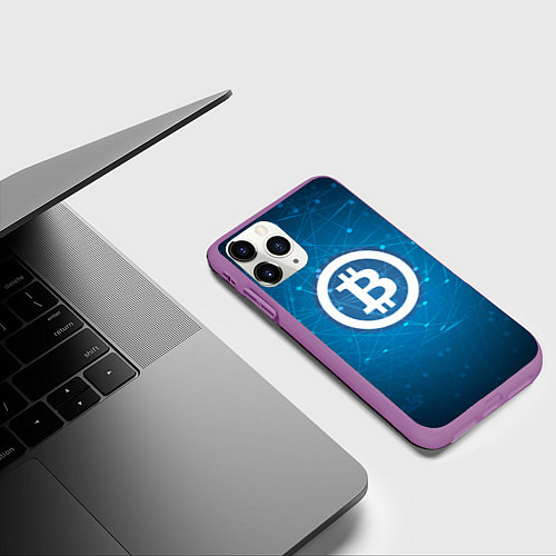 Чехол iPhone 11 Pro матовый Bitcoin Blue / 3D-Фиолетовый – фото 3