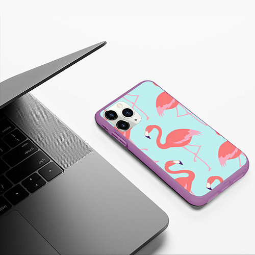 Чехол iPhone 11 Pro матовый Розовые фламинго / 3D-Фиолетовый – фото 3