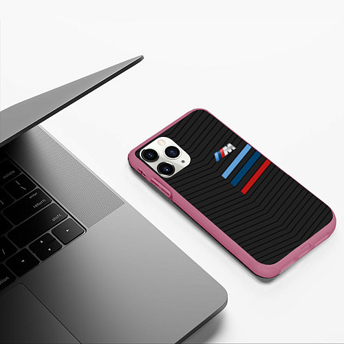 Чехол iPhone 11 Pro матовый BMW: M Tricolor Sport / 3D-Малиновый – фото 3