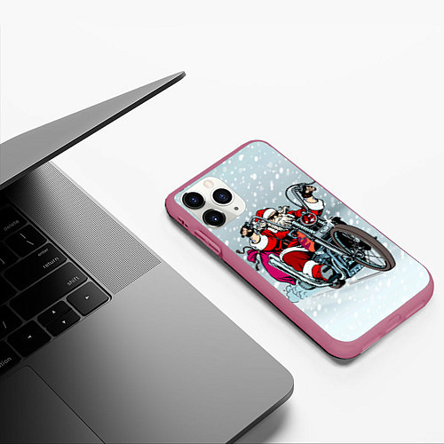 Чехол iPhone 11 Pro матовый Санта Клаус байкер / 3D-Малиновый – фото 3