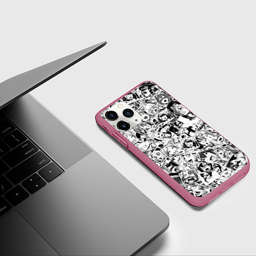 Чехол iPhone 11 Pro матовый Ahegao: Black & White / 3D-Малиновый – фото 3