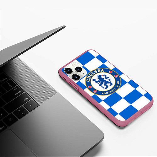 Чехол iPhone 11 Pro матовый FC Chelsea: Grid / 3D-Малиновый – фото 3