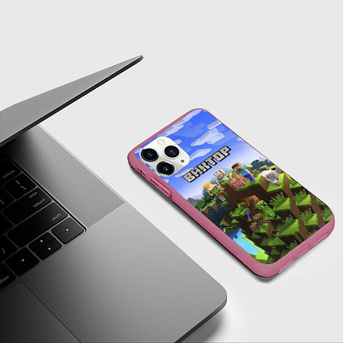 Чехол iPhone 11 Pro матовый Майнкрафт: Виктор / 3D-Малиновый – фото 3