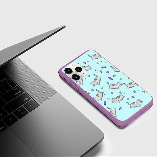 Чехол iPhone 11 Pro матовый Кавайные котики / 3D-Фиолетовый – фото 3