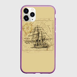 Чехол iPhone 11 Pro матовый Старая карта и корабль, цвет: 3D-фиолетовый