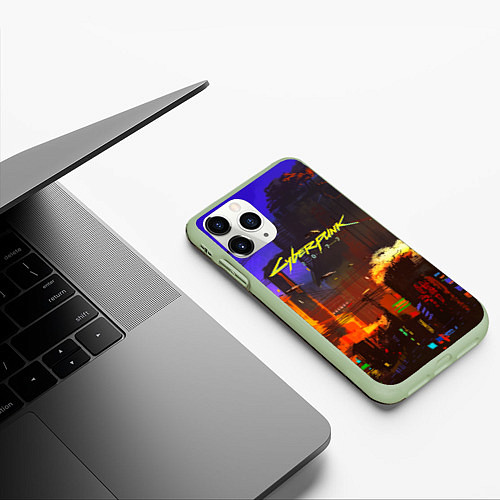 Чехол iPhone 11 Pro матовый Cyberpunk 2077: Night City / 3D-Салатовый – фото 3