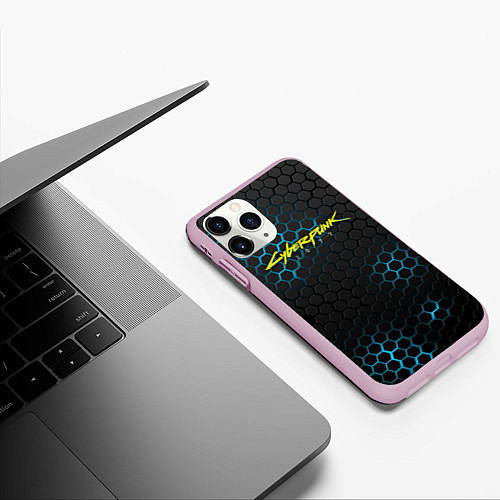 Чехол iPhone 11 Pro матовый Cyberpunk 2077: Blue Carbon / 3D-Розовый – фото 3