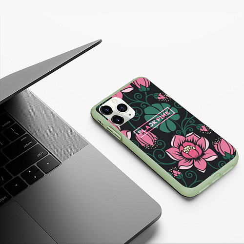 Чехол iPhone 11 Pro матовый Black Pink: Delicate Flowers / 3D-Салатовый – фото 3