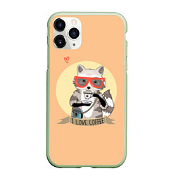 Чехол iPhone 11 Pro матовый Raccoon Love Coffee, цвет: 3D-салатовый