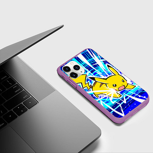 Чехол iPhone 11 Pro матовый Пикачу бежит с молниями / 3D-Фиолетовый – фото 3