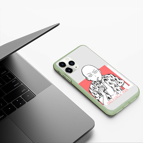 Чехол iPhone 11 Pro матовый Saitama: One-Punch Man / 3D-Салатовый – фото 3