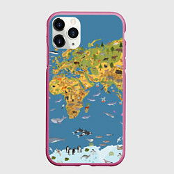 Чехол iPhone 11 Pro матовый Карта мира детская, цвет: 3D-малиновый