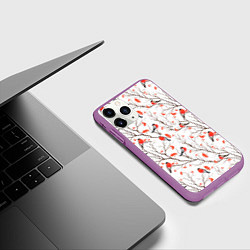 Чехол iPhone 11 Pro матовый Снегири в зимнем лесу, цвет: 3D-фиолетовый — фото 2