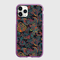 Чехол iPhone 11 Pro матовый Узор пейсли на черном, цвет: 3D-фиолетовый